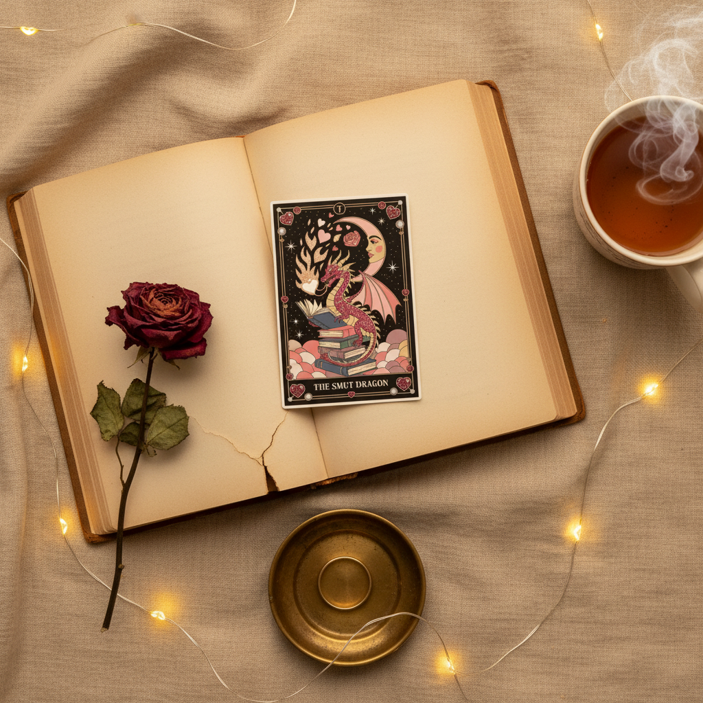 Sticker Dragon des Nuits mis en scène dans une ambiance bookish cosy