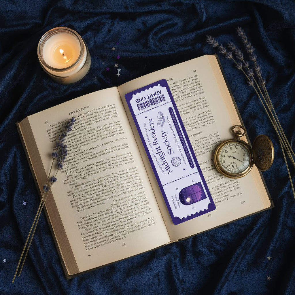 Marque-page Midnight Reader mis en scène dans une ambiance nocturne et mystiérieuse